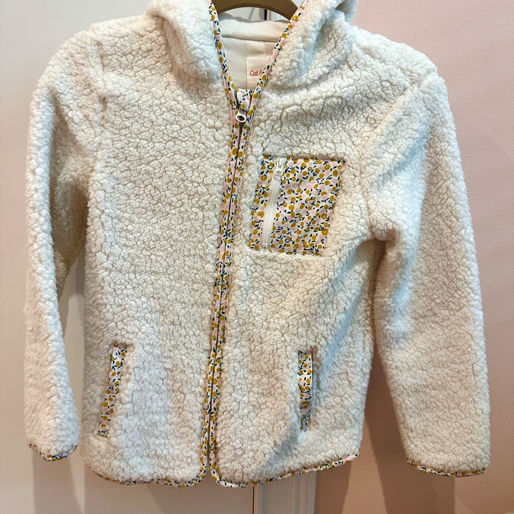 Cozy Sherpa Jacket Coat with Liberty Style Floral Accents and Hood